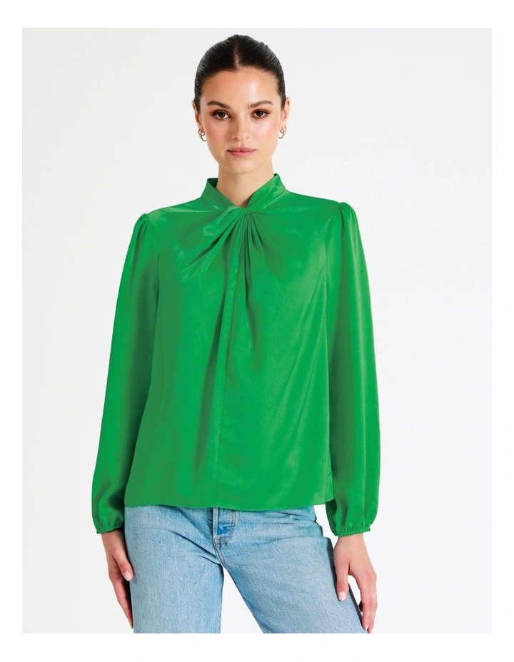 Recycled Satin Twist Neck Long Sleeve Top In Green - Image 5