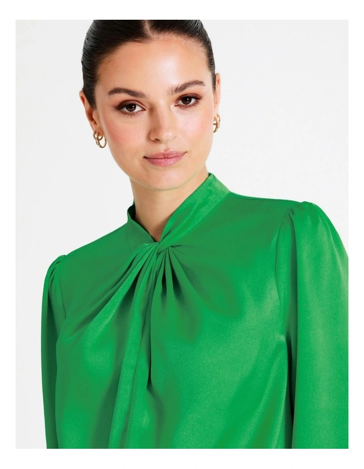 Recycled Satin Twist Neck Long Sleeve Top In Green - Image 7