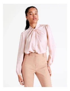 Recycled Satin Twist Neck Long Sleeve Top In Blush