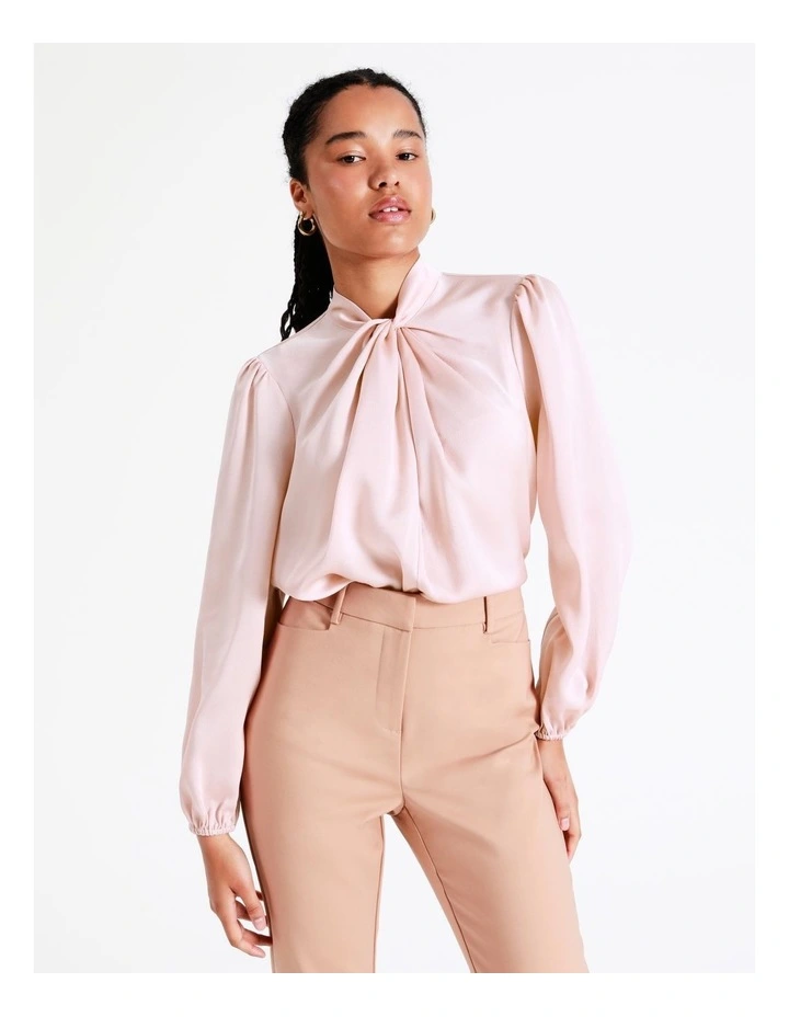 Recycled Satin Twist Neck Long Sleeve Top In Blush