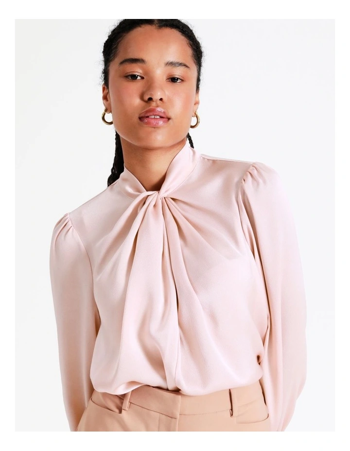 Recycled Satin Twist Neck Long Sleeve Top In Blush - Image 3