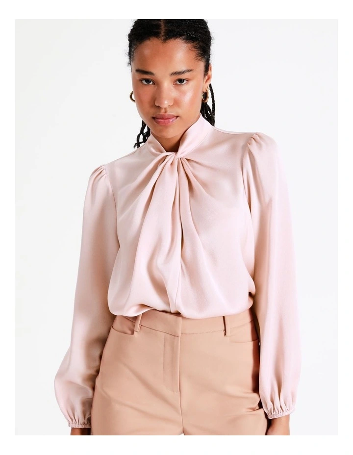 Recycled Satin Twist Neck Long Sleeve Top In Blush - Image 4