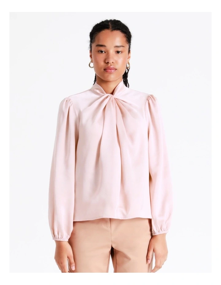Recycled Satin Twist Neck Long Sleeve Top In Blush - Image 5