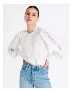 Recycled Blend Satin Lace Insert Pintuck Blouse In White