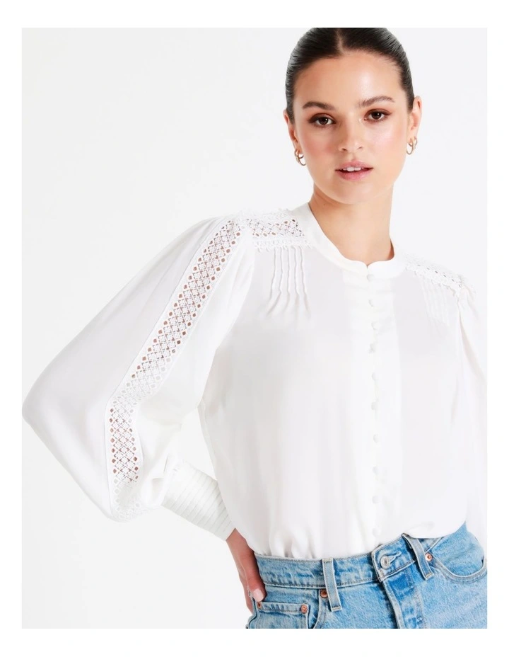 Recycled Blend Satin Lace Insert Pintuck Blouse In White - Image 2
