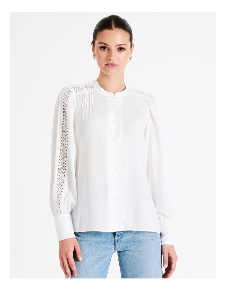 Recycled Blend Satin Lace Insert Pintuck Blouse In White - Image 5