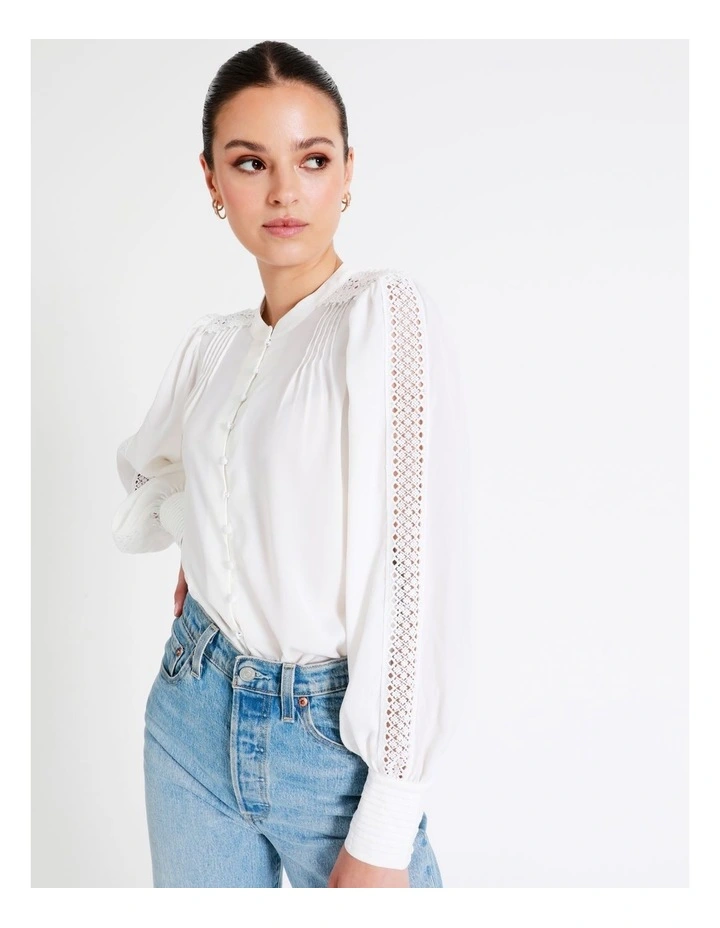 Recycled Blend Satin Lace Insert Pintuck Blouse In White - Image 7