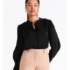 Recycled Blend Satin Lace Insert Pintuck Blouse In Black
