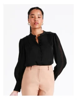 Recycled Blend Satin Lace Insert Pintuck Blouse In Black