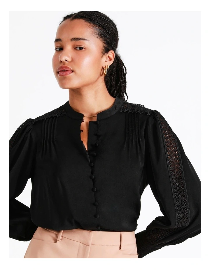 Recycled Blend Satin Lace Insert Pintuck Blouse In Black - Image 3