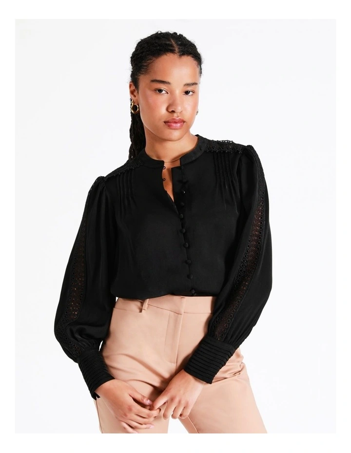 Recycled Blend Satin Lace Insert Pintuck Blouse In Black - Image 4