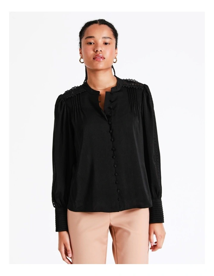 Recycled Blend Satin Lace Insert Pintuck Blouse In Black - Image 5