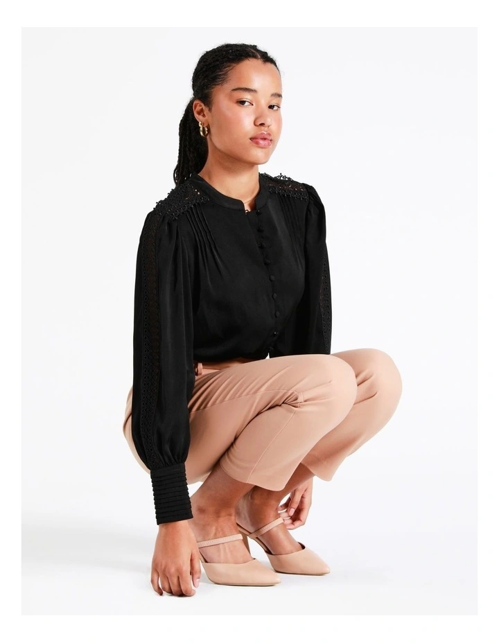 Recycled Blend Satin Lace Insert Pintuck Blouse In Black - Image 7