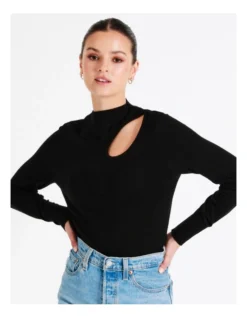 High Neck Cut Out Knit Top In Black
