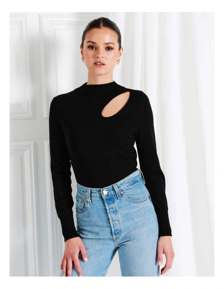 High Neck Cut Out Knit Top In Black - Image 2