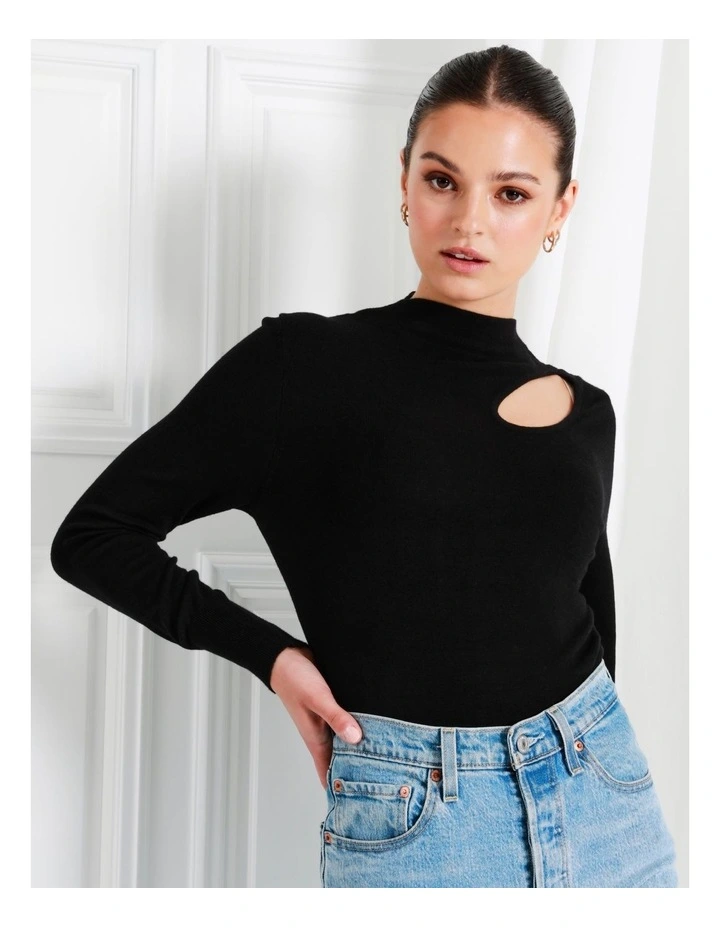 High Neck Cut Out Knit Top In Black - Image 3