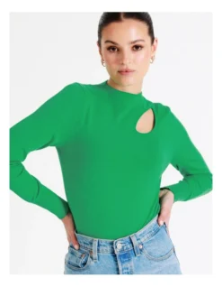 High Neck Cut Out Knit Top In Green