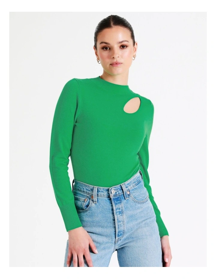 High Neck Cut Out Knit Top In Green - Image 2