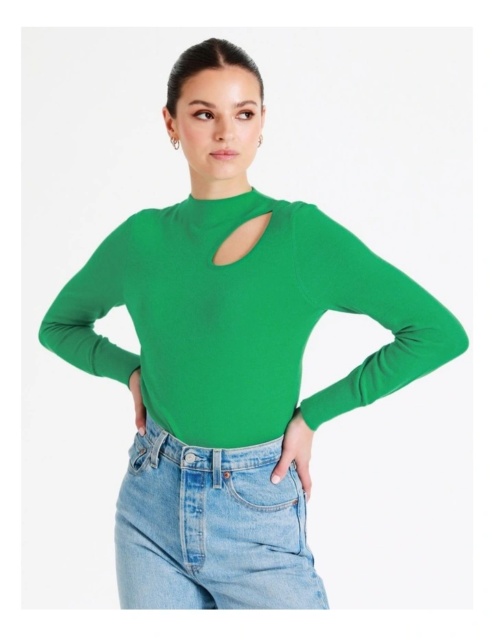 High Neck Cut Out Knit Top In Green - Image 4