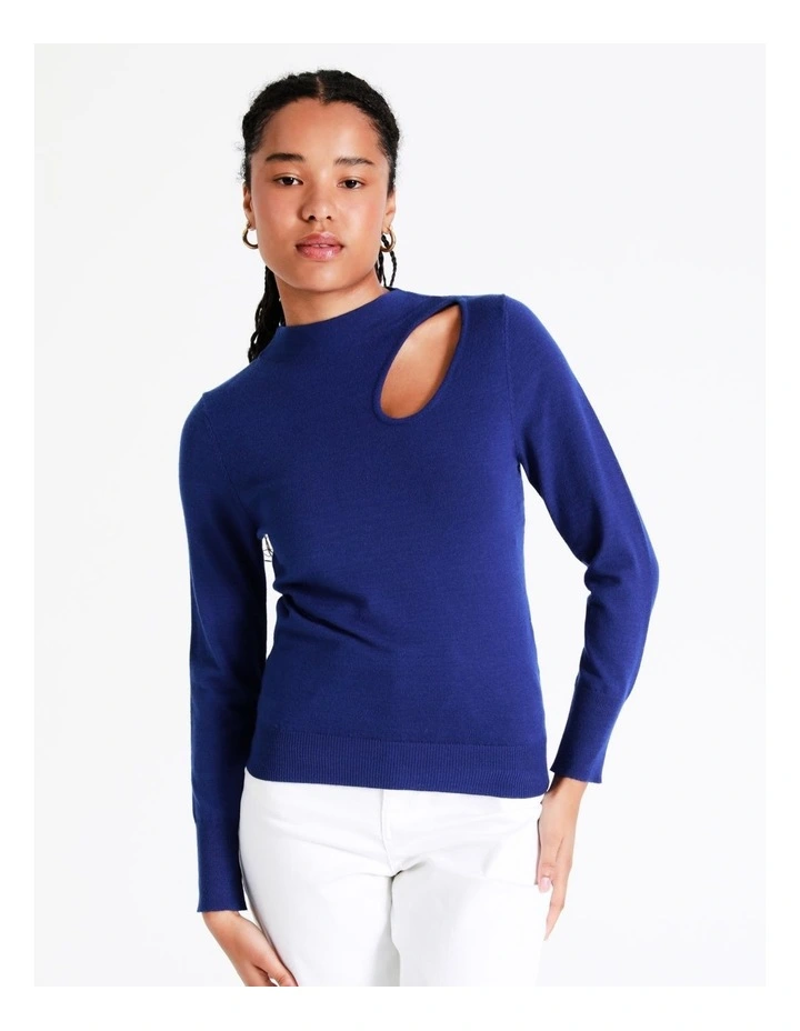 High Neck Cut Out Knit Top In Cobalt