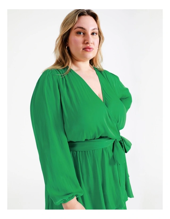 Recycled Blend Satin Wrap Mini Dress In Green - Image 3