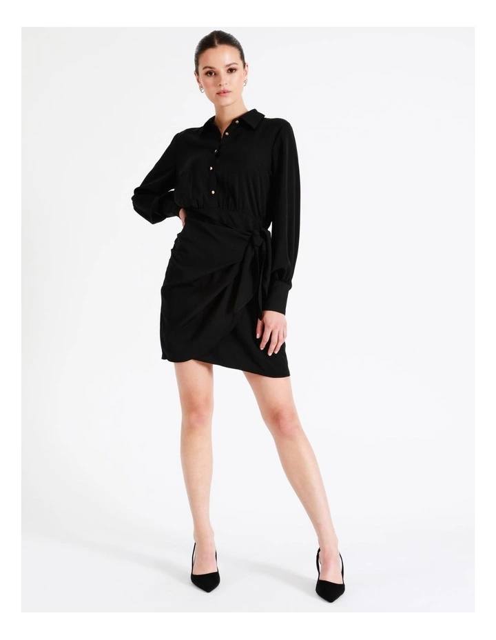 Recycled Knotted Wrap Skirt Mini Shirt Dress In Black