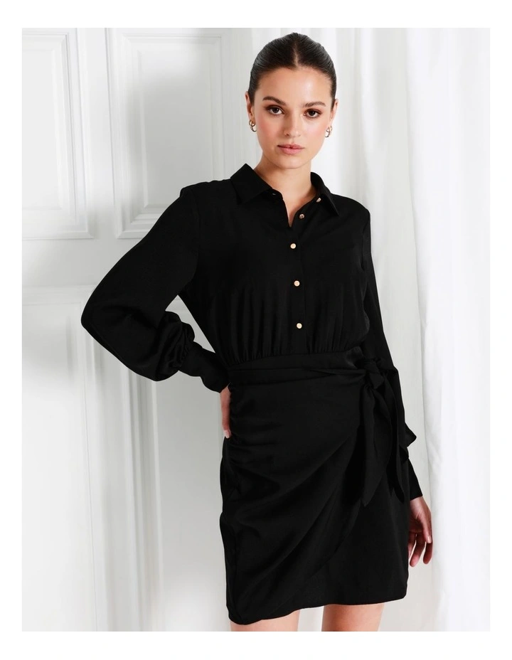 Recycled Knotted Wrap Skirt Mini Shirt Dress In Black - Image 2