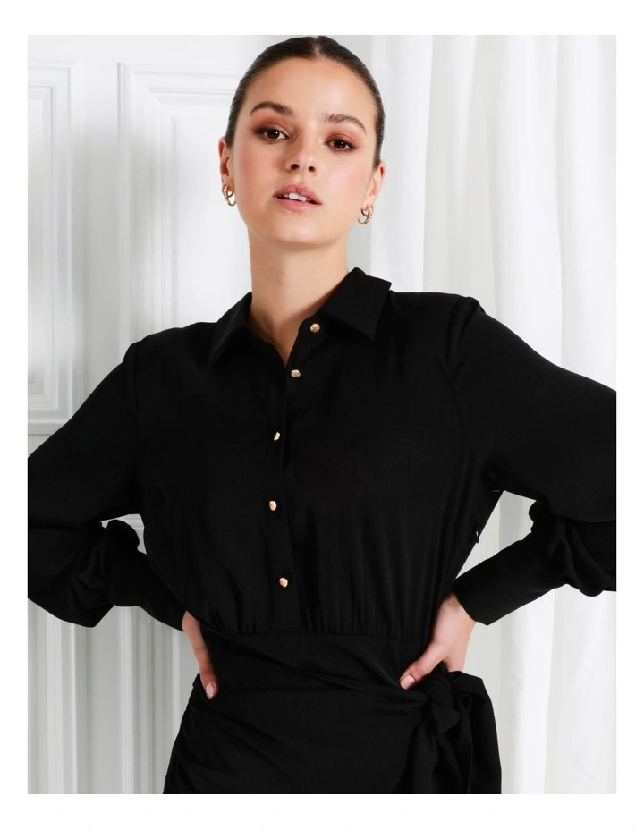 Recycled Knotted Wrap Skirt Mini Shirt Dress In Black - Image 3