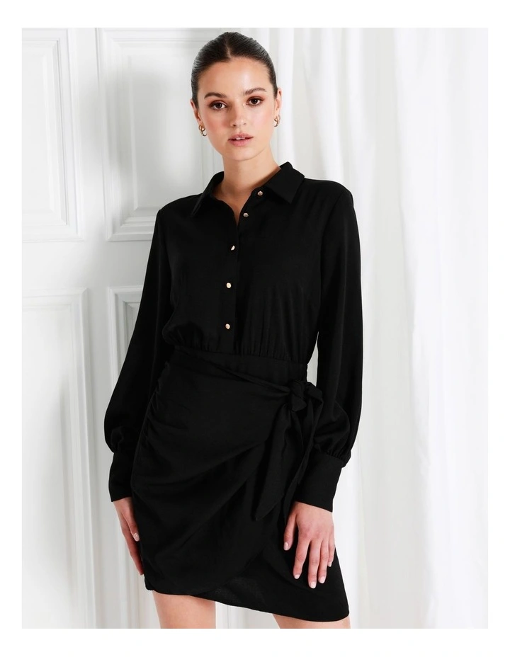Recycled Knotted Wrap Skirt Mini Shirt Dress In Black - Image 4