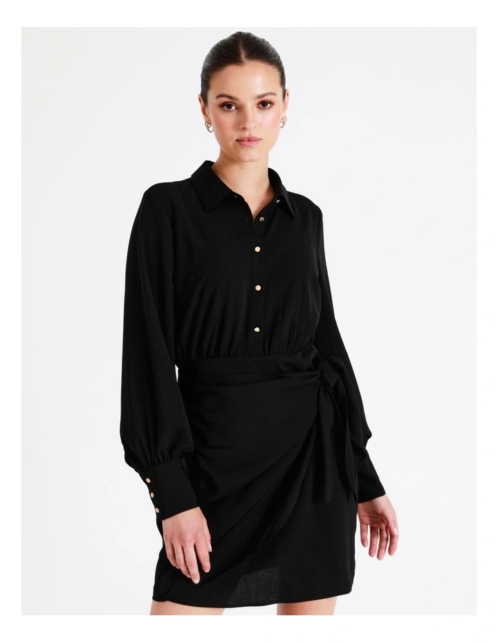 Recycled Knotted Wrap Skirt Mini Shirt Dress In Black - Image 7
