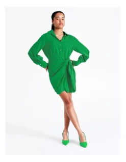 Knotted Wrap Skirt Mini Shirt Dress In Green