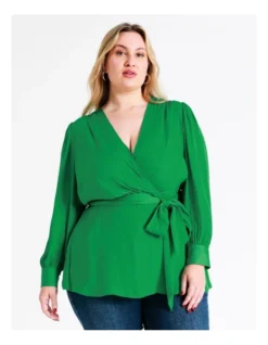 Recycled Blend Satin Wrap Top In Green