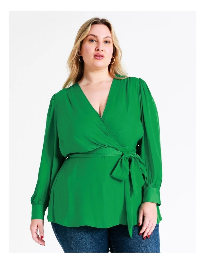 Recycled Blend Satin Wrap Top In Green