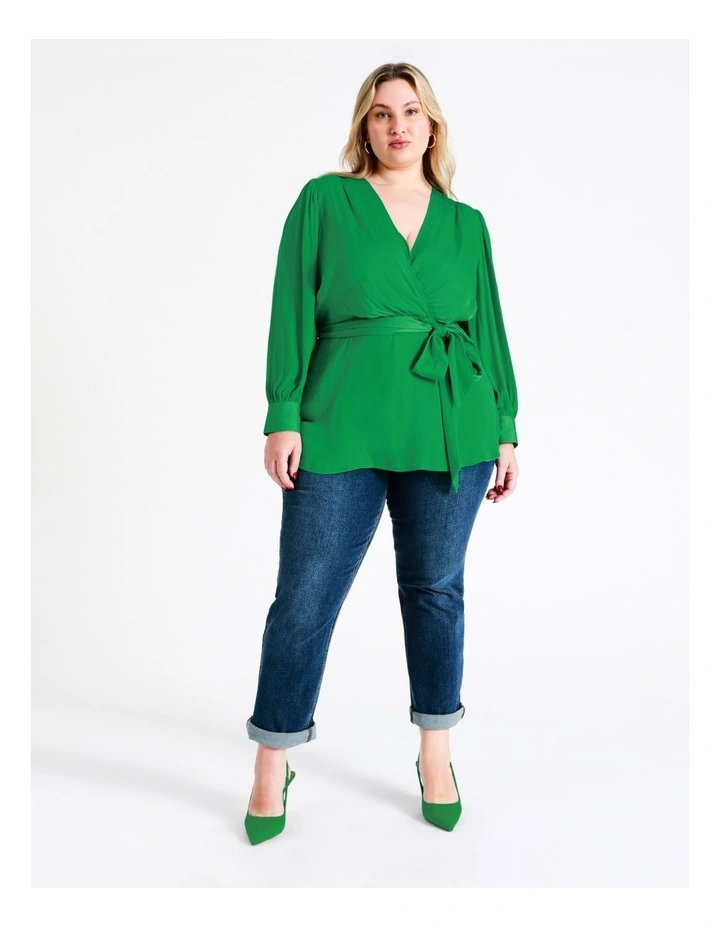Recycled Blend Satin Wrap Top In Green - Image 2