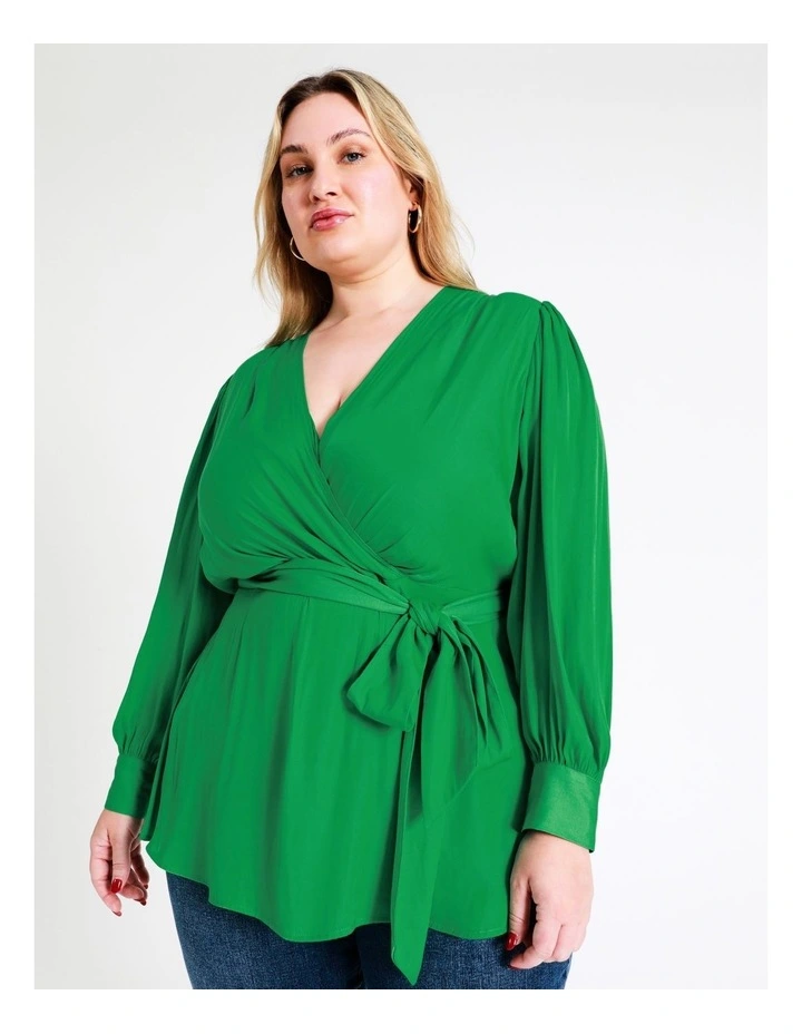 Recycled Blend Satin Wrap Top In Green - Image 3