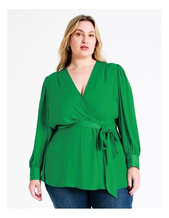 Recycled Blend Satin Wrap Top In Green - Image 5