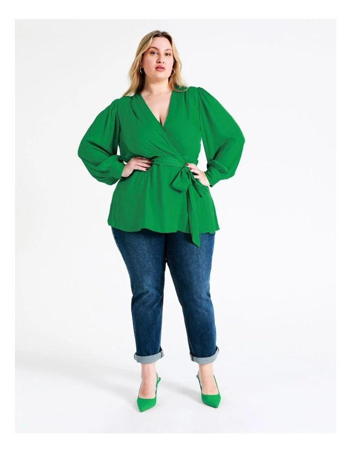 Recycled Blend Satin Wrap Top In Green - Image 7