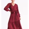 Recycled Blend Tiered Satin Midi Dress In Wine