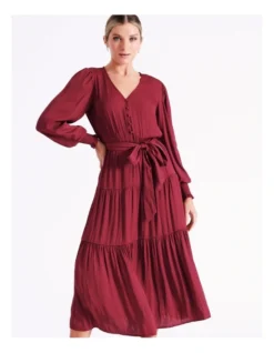 Recycled Blend Tiered Satin Midi Dress In Wine