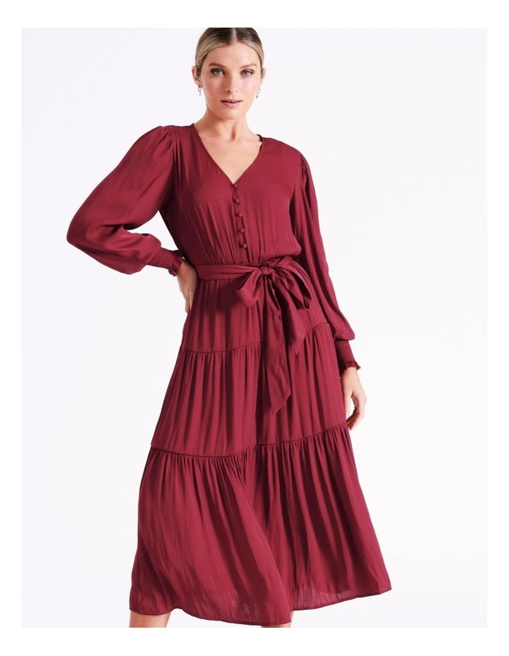 Recycled Blend Tiered Satin Midi Dress In Wine