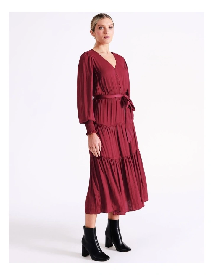 Recycled Blend Tiered Satin Midi Dress In Wine - Image 2