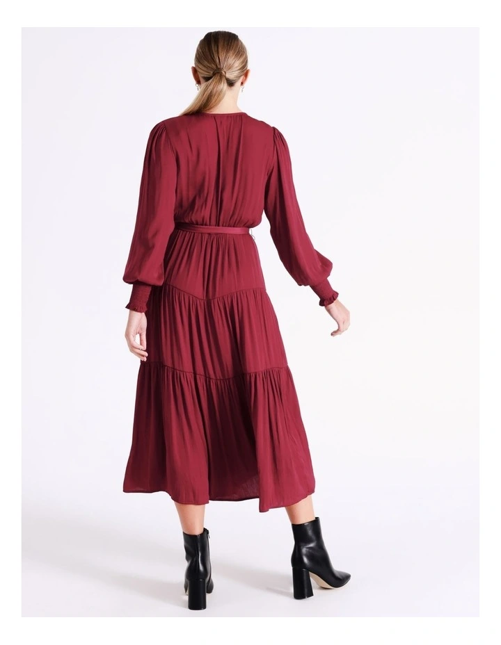 Recycled Blend Tiered Satin Midi Dress In Wine - Image 3