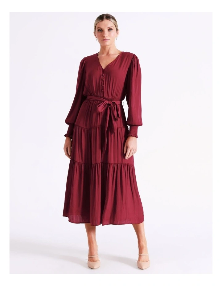 Recycled Blend Tiered Satin Midi Dress In Wine - Image 4