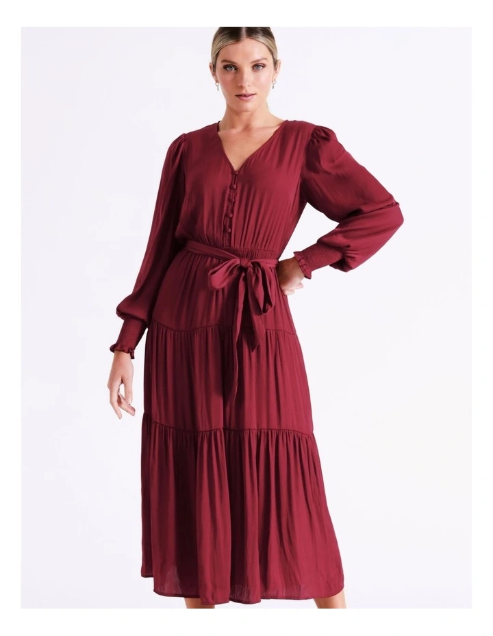 Recycled Blend Tiered Satin Midi Dress In Wine - Image 5