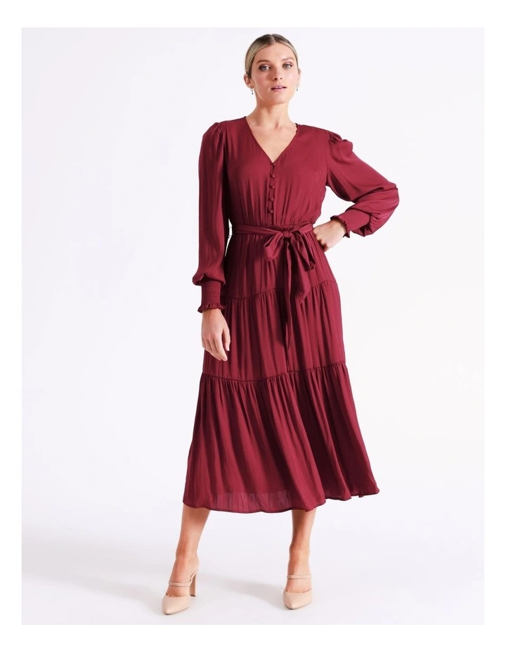 Recycled Blend Tiered Satin Midi Dress In Wine - Image 6