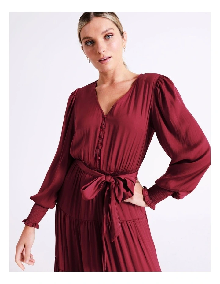 Recycled Blend Tiered Satin Midi Dress In Wine - Image 7