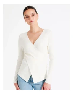 Wrap Rib Knit Top In White