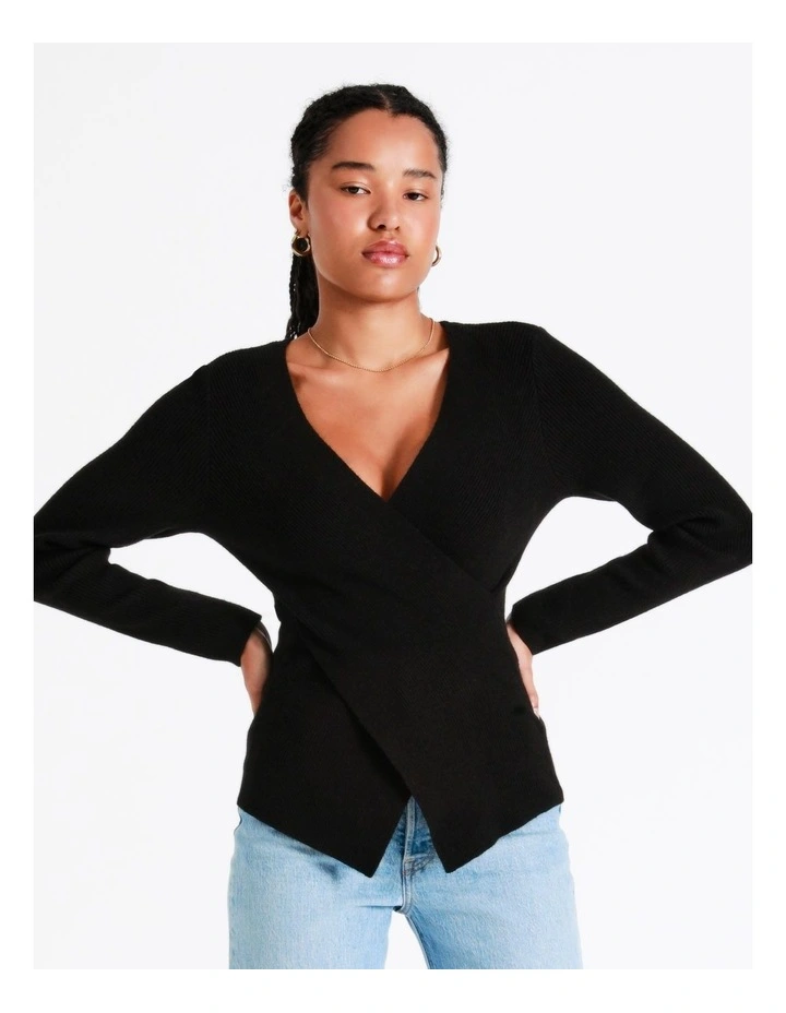 Wrap Rib Knit Top In Black - Image 2