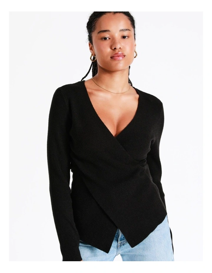 Wrap Rib Knit Top In Black - Image 4