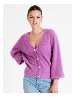 Recycled Blend Fluffy Knit Cardigan In Purple